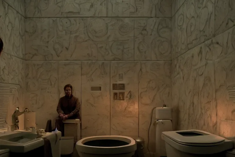 Image similar to hyperrealism aesthetic ridley scott and denis villeneuve style photography of a detailed giant, siting on a detailed ultra huge toilet in surreal scene from detailed art house movie in style of alejandro jodorowsky and wes anderson