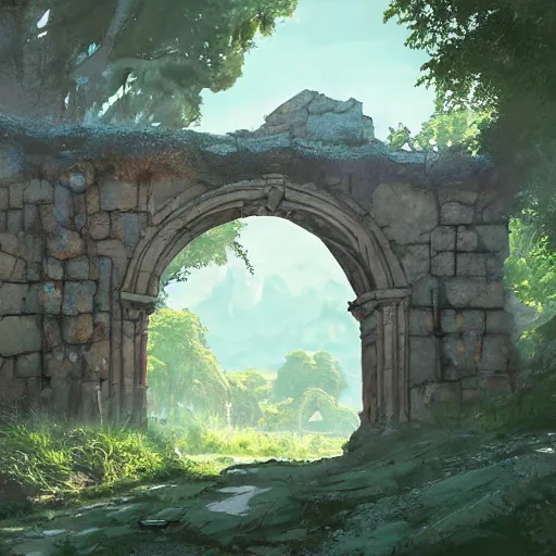 Image similar to concept art painting of an ancient ornate stone archway that is a portal to another world, in the woods, realistic, detailed, cel shaded, in the style of makoto shinkai and greg rutkowski and james gurney