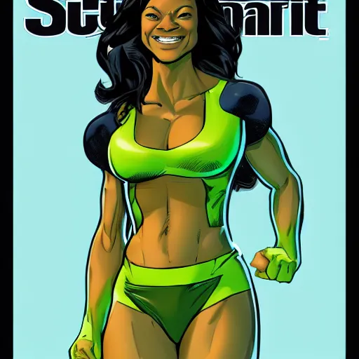 Image similar to Actress Zoe Saldana as She-Hulk, smiling, poster framed, comic pinup style, sports illustrated, detailed legs, artstation, illustration, posterized, Roge Antonio, Jen Bartel