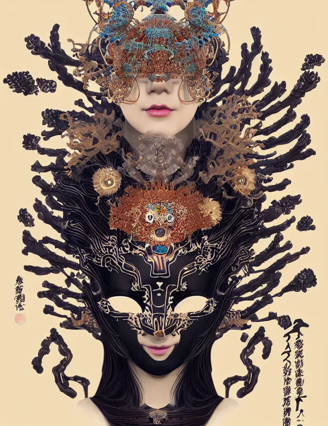 Image similar to goddess portrait with mask and crown made of ram skull. beautiful intricately detailed japanese crow kitsune mask and clasical japanese kimono. betta fish, jellyfish phoenix, bioluminescent, plasma, ice, water, wind, creature, super intricate ornaments artwork by tooth wu and wlop and beeple and greg rutkowski