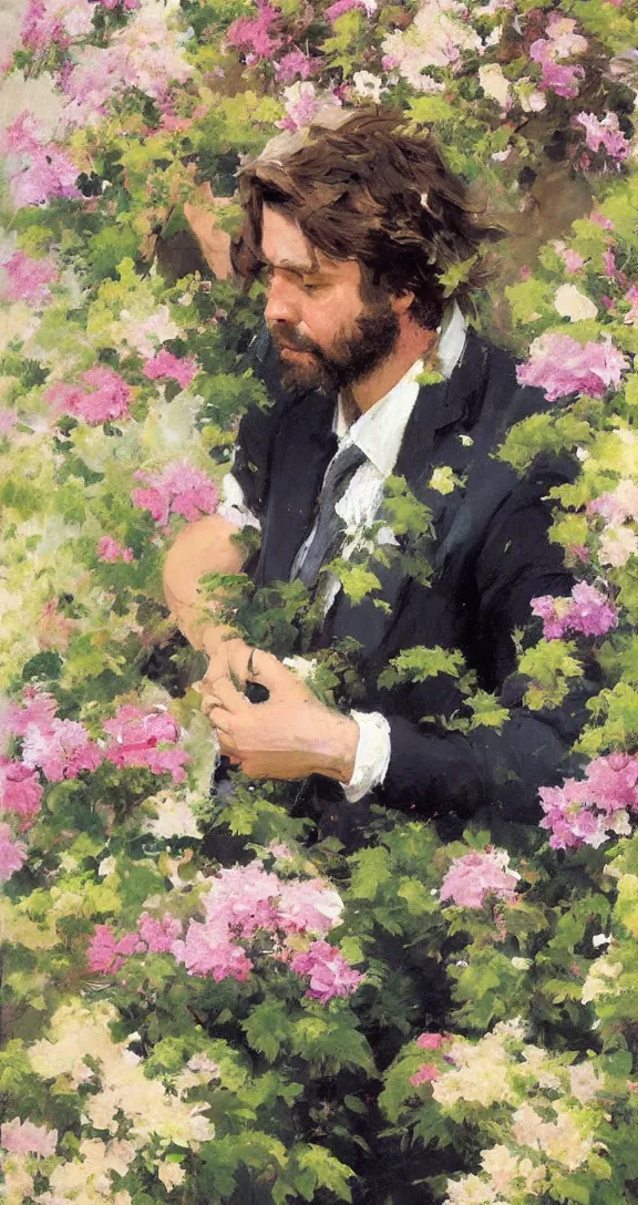 Image similar to romantic detailed portrait of gabriel boric surrounded by beautiful flowers, by gregory manchess, james gurney, james jean