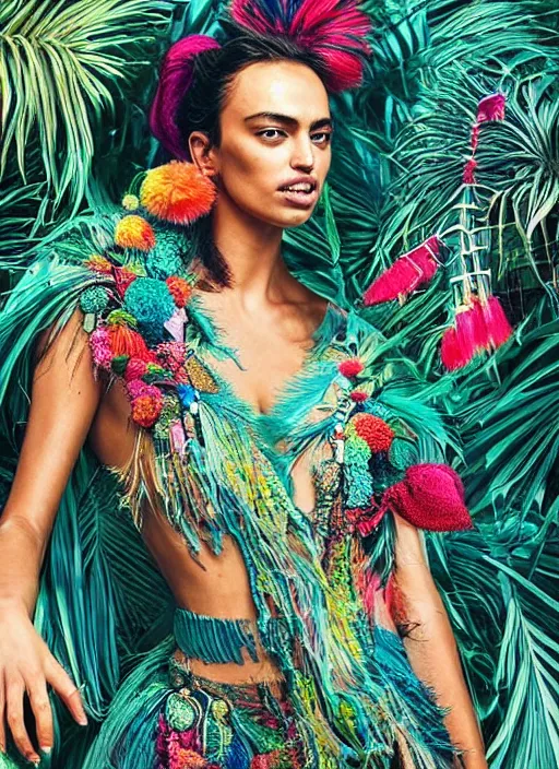 Prompt: beautiful portrait of Irina Shayk wearing fantastic Hand-dyed cotton dress, embellished beaded feather decorative fringe knots ,colorful pigtail,subtropical flowers and plants,symmetrical face,intricate,elegant, highly detailed, 8k,post-processing,digital painting, trending on pinterest, arper's bazaar,concept art, sharp focus, illustration, by artgerm,Tom Bagshaw,Lawrence Alma-Tadema,greg rutkowski,alphonse Mucha