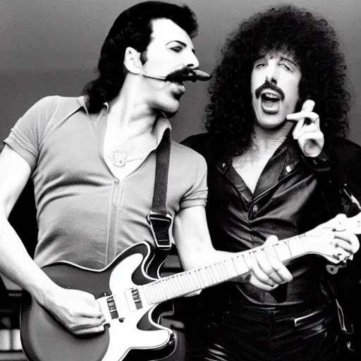 Prompt: professional photography of freddie mercury having a good time with brian may