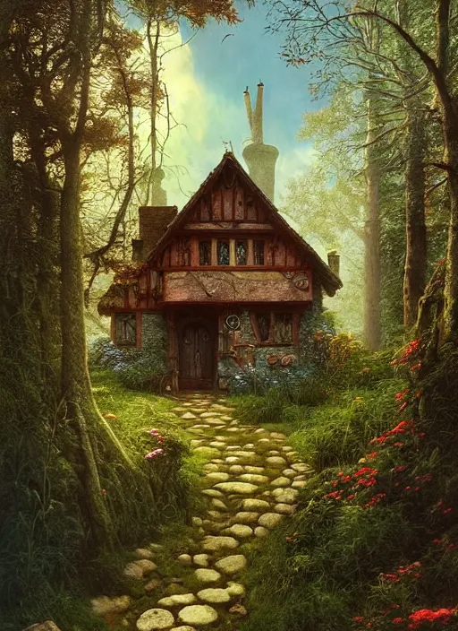 Image similar to hyper realistic homely ornate modern witch cottage distant down a path in the woods gorgeous lighting, blue sky, highly detailed, lush forest by zdzisław beksinski and norman rockwell and greg rutkowskiweta studio, and lucasfilm