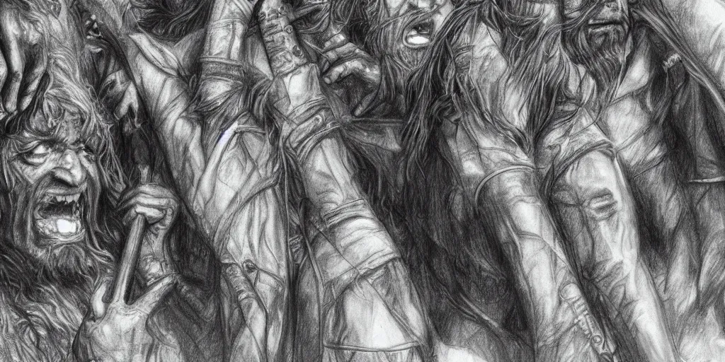 Image similar to close up pencil sketch of middle earth and hobbits ,digital art, high detail, hyper realistic,