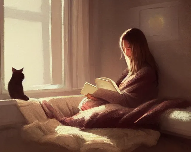 Prompt: a beautiful warm fuzzy painting of a woman curled up with a blanket reading a good book next to her friendly cat who is purring with eyes closed. they are both sitting next to a window as the sun sets in winter, by greg rutkowski, trending on artstation, concept art, lofi, digital illustration