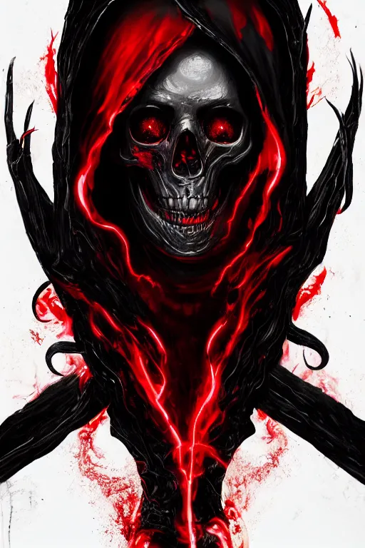 Image similar to A full body portrait of a mysterious character with a flaming skull with a very long hooded blood red and black cloak, tentacles coming out the ground art by Maciej Kuciara, and Cedric Peyravernay, ominous, cosmic horror, trending on artstation, Ultra detailed, hyper realistic 4k