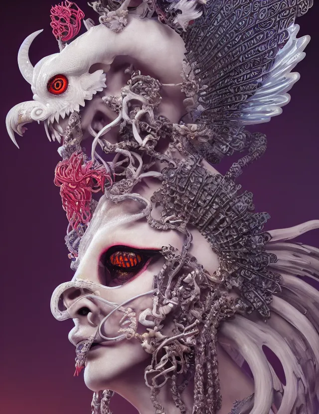 Image similar to 3 d goddess of hell close - up profile portrait with ram skull. beautiful intricately detailed japanese crow kitsune mask and clasical japanese kimono. betta fish, jellyfish phoenix, bio luminescent, plasma, ice, water, wind, creature, artwork by tooth wu and wlop and beeple and greg rutkowski