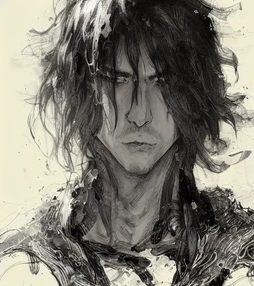 Image similar to portrait of anime man with long hair wearing a dark robe, pen and ink, intricate line drawings, by craig mullins, ruan jia, kentaro miura, greg rutkowski, loundraw