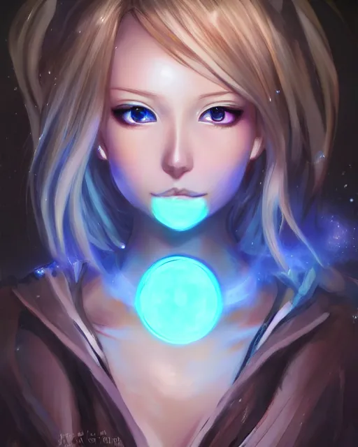 Image similar to A realistic anime portrait of a beautiful cosmic woman with glowing blue eyes and cosmic skin wearing clothes made of universes, digital painting, by Stanley Artgerm Lau, Sakimichan, WLOP and Rossdraws, digtial painting, trending on ArtStation, SFW version