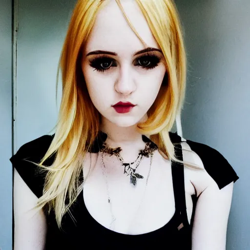 Prompt: photoshoot portrait of a blonde emo girl, flawless features, pale skin, beautiful beautiful beautiful instagram selfie, tyftt, prime