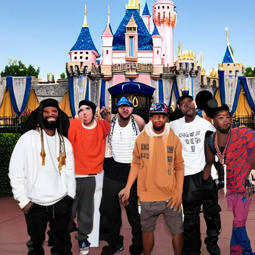 Image similar to a group of rappers, at disneyland, group photo