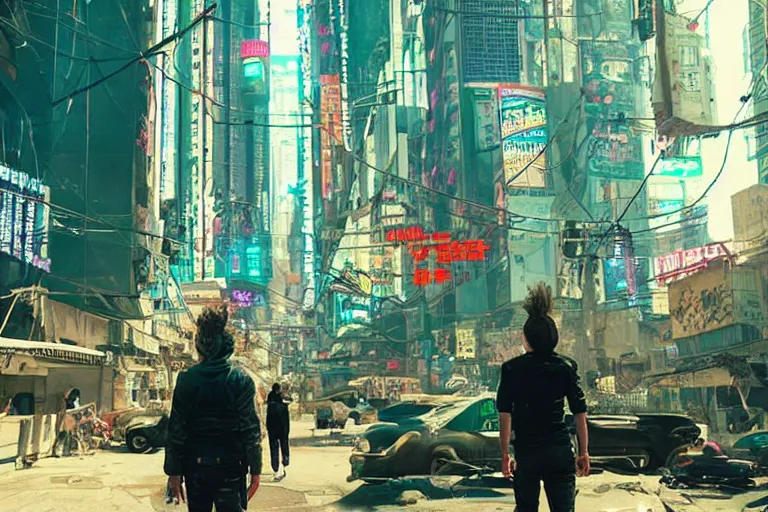 Prompt: VFX movie photojournalism of daily life in a futuristic itopian cyberpunk interstellar lush city of abundance Emmanuel Lubezki