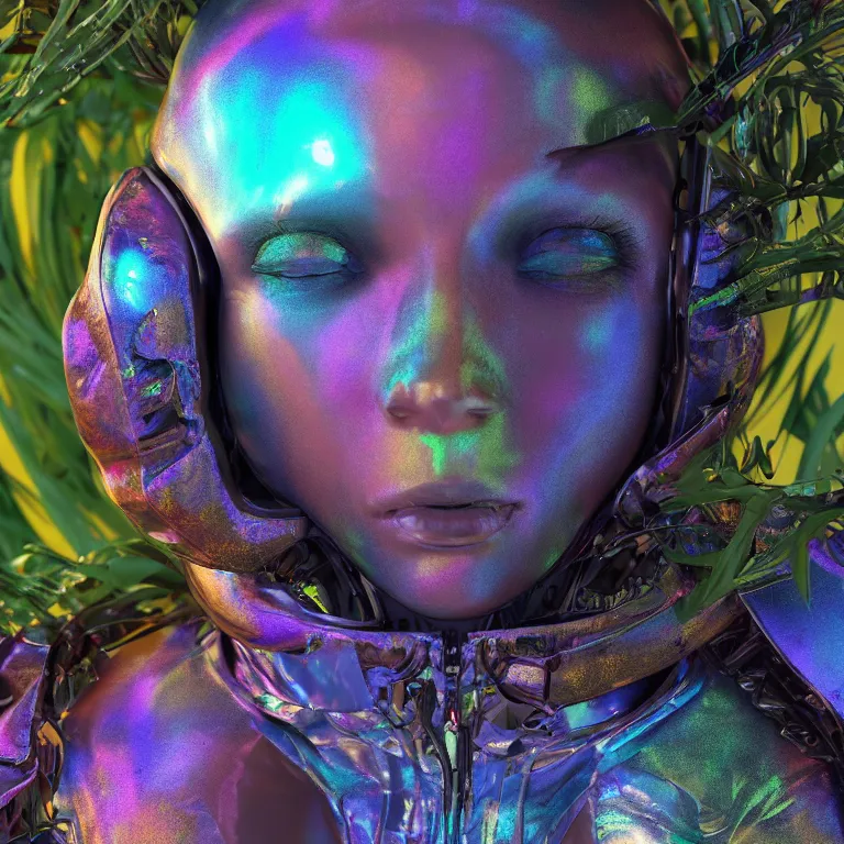 Prompt: octane render portrait by wayne barlow and carlo crivelli and glenn fabry, subject is a woman covered in tie - dye hoodie with iridescent metallic space helmet, surrounded by alien plants, cinema 4 d, ray traced lighting, very short depth of field, bokeh