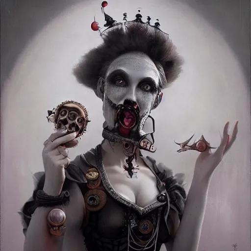Prompt: By Tom Bagshaw, ultra realist soft painting of a curiosities carnival by night, Female steampunk Clown smiling long tongue dirty teeth and dressed, horror, omnious sky, symmetry accurate features, very intricate details, black and white, volumetric light clouds