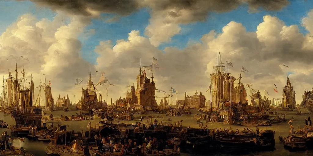 Prompt: the hague, by cornelis van haarlem, mix of styles, dutch golden age, detailed, intricate, treasure planet color scheme, realism, masterpiece