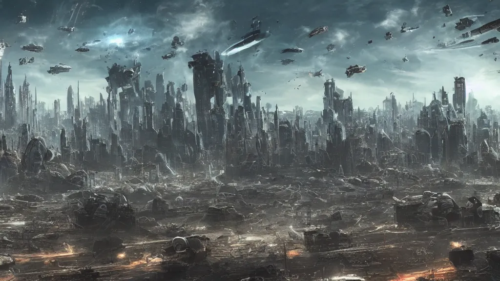 Prompt: hundreds of spaceships blasting off in a nuclear wasteland, destroyed cityscape in background, hyperrealistic, 8k UHD