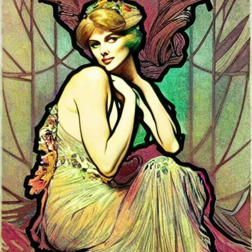Image similar to charlize theron by alfons mucha.