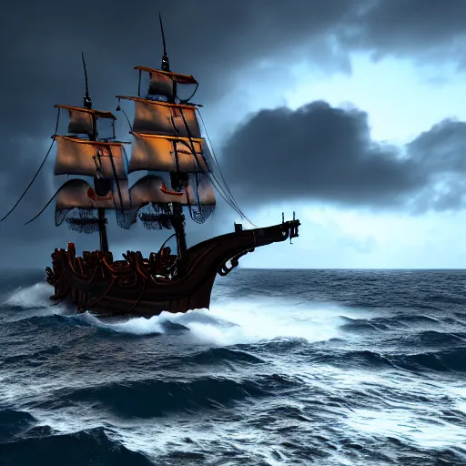 Prompt: pirate ship on a magical stormy sea, 8k, HDR, cinematic, volumetric lighting, unreal engine 5