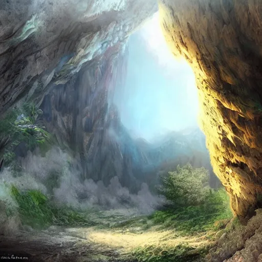 Prompt: beautiful matte painting of a fantasy cave entrance