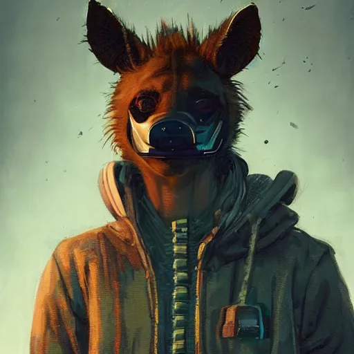 Image similar to new york city portrait of furry anthro anthropomorphic spotted hyena head animal person fursona wearing clothes strange cybernetic muzzle gloomy rainy screenshot from the video game cyberpunk 2077 digital art by Greg Rutkowski, Simon Stalenhag, christopher nolan trending on Artstation, CGSociety