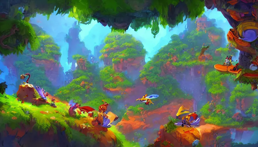 Image similar to landscape painting for animation in the style of rayman game, environment design, lively, joyful, colorful, jungles, cities, highly detailed