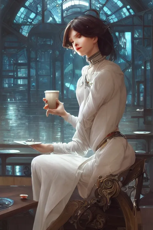 Image similar to an attractive serene cute android in a cafe, partially human , partially biomedical design , natural atmosphere, great high details, highly reaslitic, cinematic lighting, intricate, elegant, super highly detailed, art station, concept arD, beautiful, delicate, art by artgerm and greg rutkowski and alphonse mucha and loish and WLOP