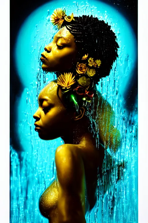 Image similar to hyperrealistic post - futurist cinematic profile very expressive! black oshun goddess, in water! up to shoulders, mirror dripping droplet!, gold flowers, highly detailed face, digital art masterpiece, smooth eric zener cam de leon, dramatic pearlescent turquoise light on one side, low angle uhd 8 k, shallow depth of field