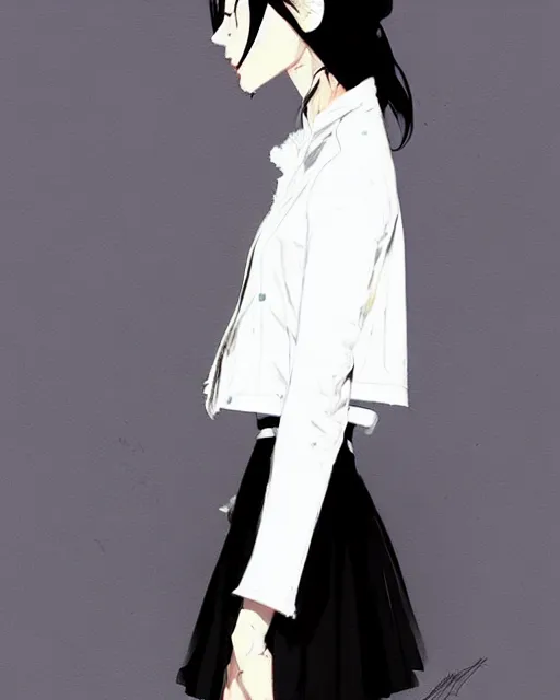 Image similar to a ultradetailed painting of a stylish woman wearing a white jacket with black skirt, by conrad roset, greg rutkowski and makoto shinkai trending on artstation