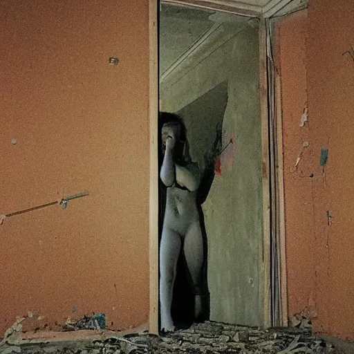 Image similar to an errie photo of a demons face peering at the camera inside of an abandoned school at midnight, eerie, grainy footage, liminal space, trevor henderson,