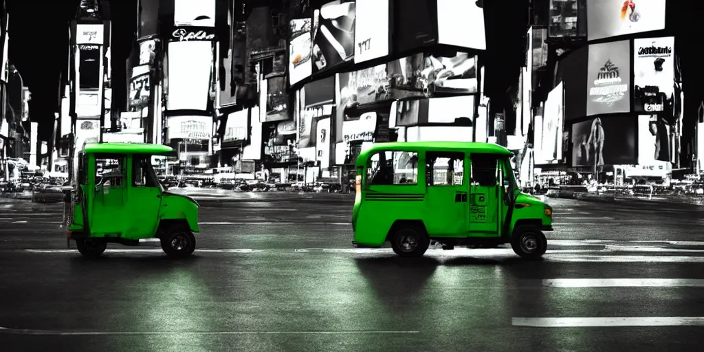 Prompt: a green tuk tuk in Times Square at night, moody, dramatic lighting, cinematic, matte painting, concept art, 4k