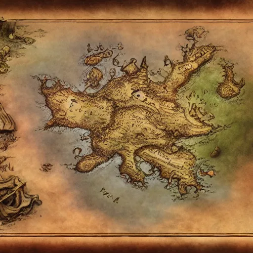 Prompt: simple fantasy map, the land of Odrua, several continents, world of Lute, by JRR Tolkien and Brian Froud, Vatican Map Room, fantasy concept painting, Magic The Gathering Art, trending on art station