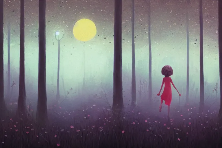 Image similar to giant daisy flower as face, girl walking in forest, surreal photography, dark night, stars, moon light, impressionist painting, clouds, digital painting, artstation, simon stalenhag