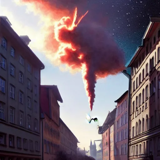 Prompt: , city of munich!!!, huge bright comet falling from the skies with smoke trail!!!, people in panic!!, hyperrealistic, highly detailed, cinematic, daylight, beautiful, cgssociety, artstation, 8 k, oil painting by greg rutkowski, by artgerm, by wlop