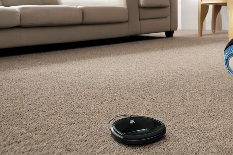 Image similar to a high detailed picture of a robot vacuum cleaner in a living room, 8k, very detailed, photo realistic