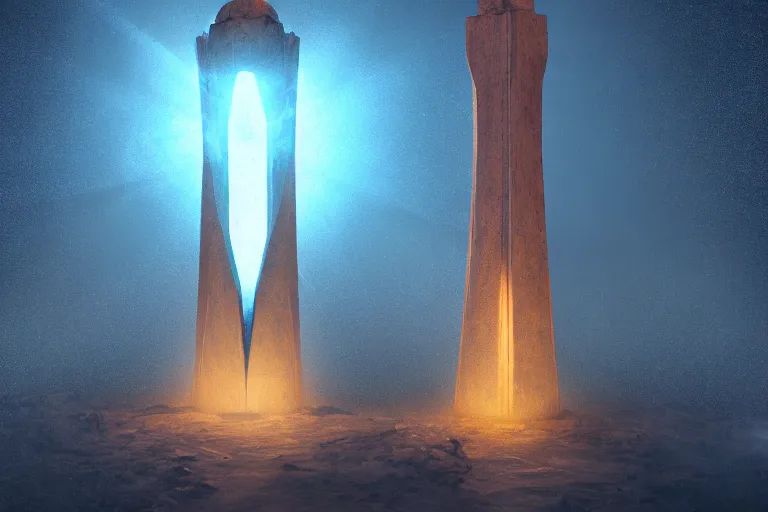 Prompt: gods basement filled with alien obelisks, divine, bright light, 8 k photography, cinematic light, award winning, artstation