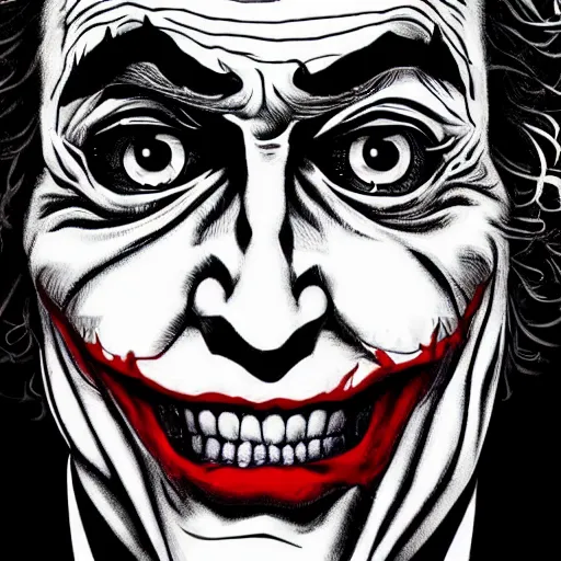 Image similar to The Joker portrait in the style of Junji Ito. Manga. Black & White. Gothic. Horror. Exquisitely detailed. 4K.