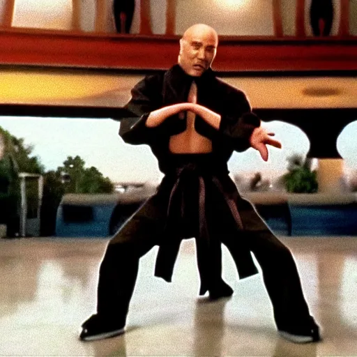 Prompt: Film still of 'Los Angeles Vice Squad' (1990). Epic kung-fu villian scene. Sigma 85mm f/8