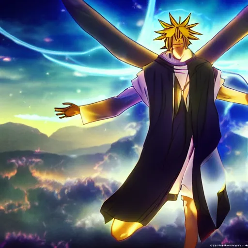 Image similar to anime movie still of the transfiguration of jesus christ in the style of jojo's bizarre adventure, trending on artstation, highly rendered