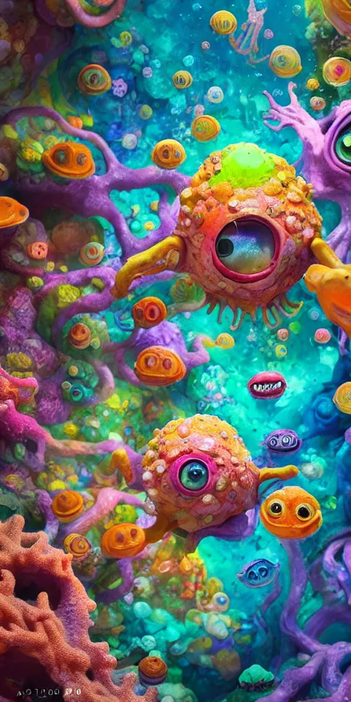 Image similar to of a colorful under water cave with strange cute friendly happy creatures with huge eyes, mouth, long tongue and round teeth appearing from sandy coral, in the style of gehry and gaudi, macro lens, shallow depth of field, ultra detailed, digital painting, trending artstation, concept art, illustration, cinematic lighting, photorealism, epic, octane render