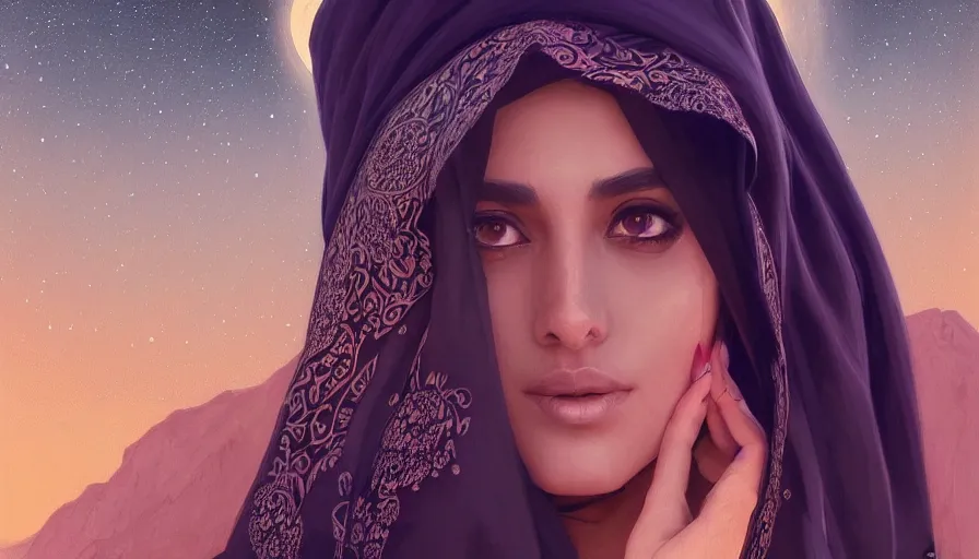 Prompt: Portrait of very very very very beautiful Arab woman wearing a Niqab, under giant full moon in the desert, intricate, glowing magical eyes, energy trails, elegant, highly detailed, digital painting, artstation, concept art, smooth, sharp focus, illustration, art by artgerm and greg rutkowski and alphonse mucha