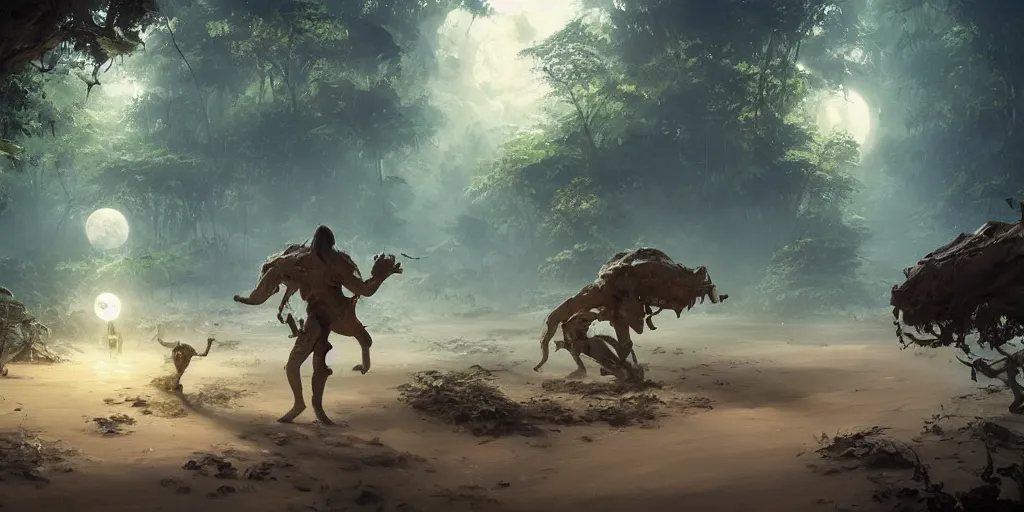 Prompt: jungle in the sands sleeping unbroken dreams under the ivory light of two moons, Darek Zabrocki, Marcin Rubinkowski, Lorenzo Lanfranconi, Karlkka, trending on Artstation, 8K