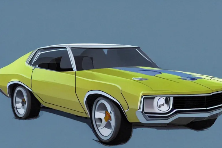 Image similar to Concept art of a retrofuturistic 1970s muscle car.