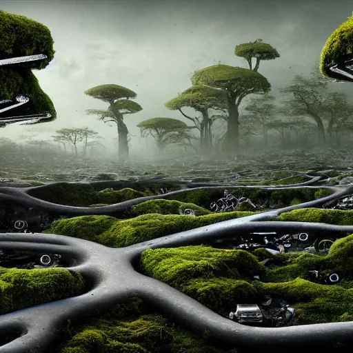 Image similar to panoramic view, superintelligent ecological matrix made of moss and lichen dotted biomechanical trees growing on junkyard heaps of electronics and automobile scrapyards amongst puddles of glistening oil, artists bev doolittle and philippe caza, high contrast cinematic light, mystical shadows, sharp focus, divine realm of gods, octane render, three dimensional optical illusion