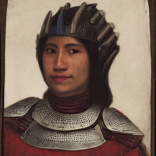 Prompt: head and shoulders portrait of a female knight, quechua!, lorica segmentata, cuirass, tonalist, symbolist, realistic, ambrotype, baroque, detailed, modeled lighting, vignetting, indigo and venetian red, angular, smiling, condor