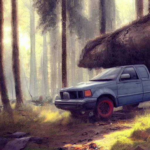 Image similar to a pickup truck in the woods, digital art by ruan jia and mandy jurgens and artgerm, highly detailed, trending on artstation, award winning