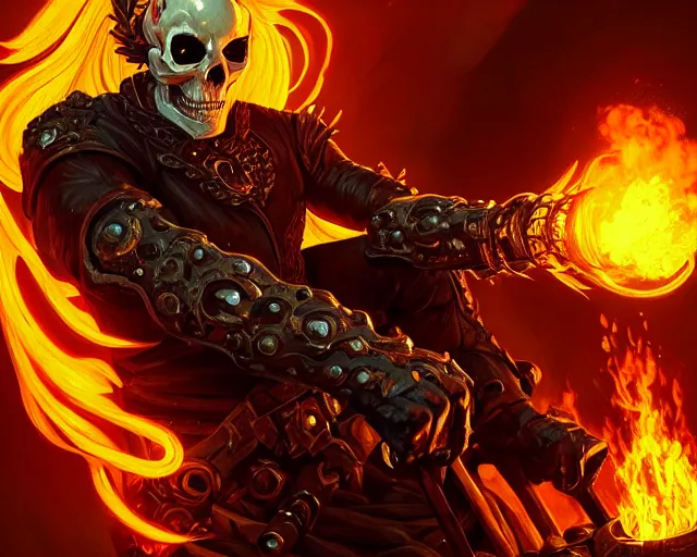 Image similar to a gaming screenshot still portrait of ghost rider, deep focus, d & d, fantasy, intricate, elegant, highly detailed, digital painting, artstation, concept art, matte, sharp focus, illustration, dark fantasy style art, hearthstone, art by artgerm and greg rutkowski and alphonse mucha