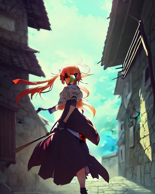 Image similar to pixiv, key anime visual portrait of a young female walking through a medieval village, dynamic pose, dynamic perspective, cinematic, dramatic lighting, detailed silhouette, film grain, yoshitaka amano, tending on artstation, face by yoh yoshinari, detailed, intricate