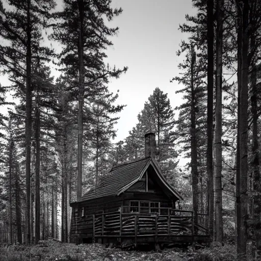 Prompt: an Eerie cabin in the middle of the woods in the style of Ansel Adams