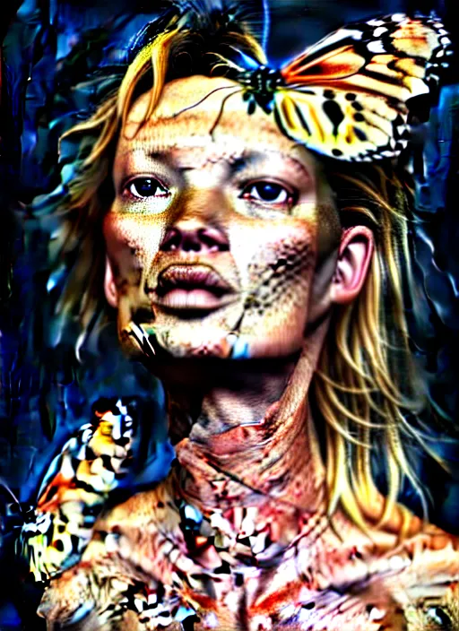 Prompt: portrait photography of a beautiful woman kate moss style 3/4 by Giovanni Gastel, the upper face is morphing with dark butterfly wings, natural color skin, complex 3d render ultra detailed of a beautiful woman, bust with a beautiful neck, flesh, anatomical full body dressed in voile, flesh highly baroque ornate, hair are butterfly wings clouds, analog, 150 mm lens, soft blur outdoor background, beautiful natural point rose soft light, art nouveau fashion embroidered, anatomical,, elegant, hyper realistic, ultra detailed, octane render, volumetric outdoor lighting, 8k post production